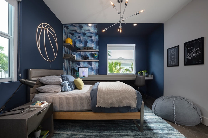 Boy's Bedroom with Built-In Desk and Geometric Nook Wallpaper