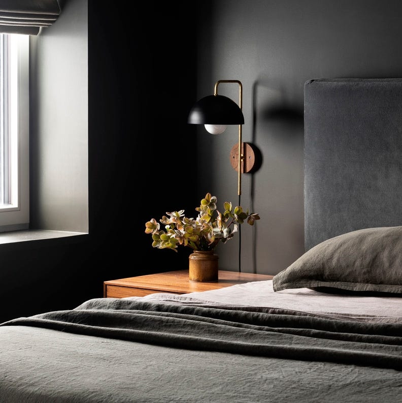 Brass And Black Wall Sconce Dome Shade Wood Base Moody Charcoal