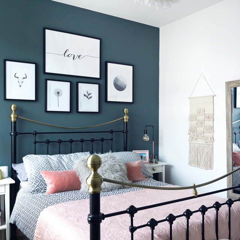 Brass-Capped Bed Frame, Teal Accent Wall, Macrame Wall Decor