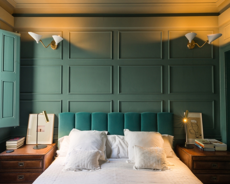 Brass Conical Wall Sconce Channel Tufted Dark Green Paneling