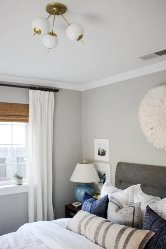 Brass Globe Fixture Small Bedroom Lighting Striped Lumbar Pillow
