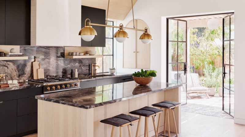 Brass Linear Pendant Lighting Ideas with Dark Charcoal Cabinets