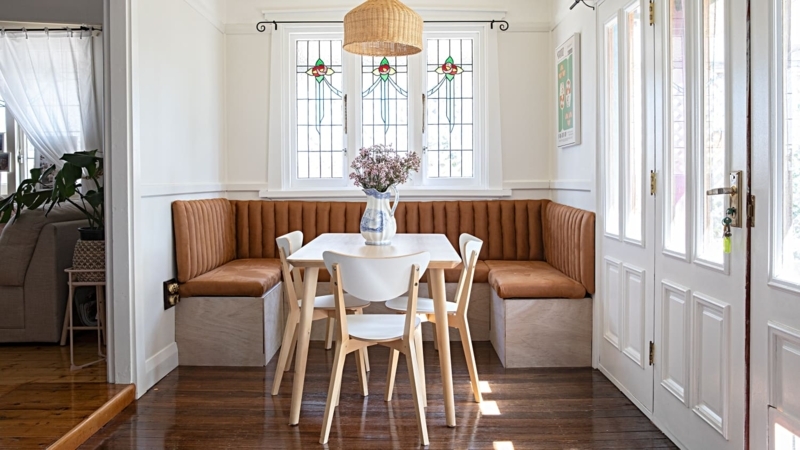 Breakfast Nook: Cognac Channel Tufted Banquet & Stained Glass Windows