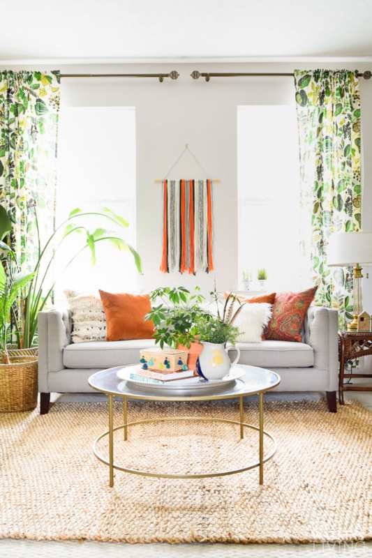 Bright Bohemian Living Room With Botanical Print Curtains