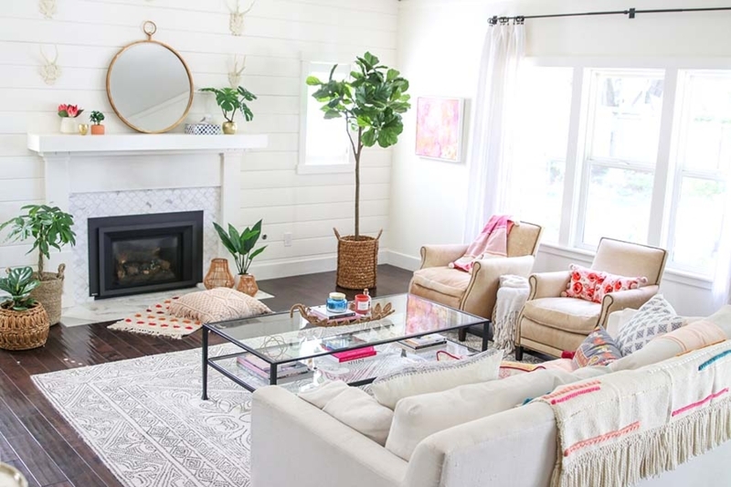 Bright Boho Living Room Ideas: Shiplap Walls and Pink Accents