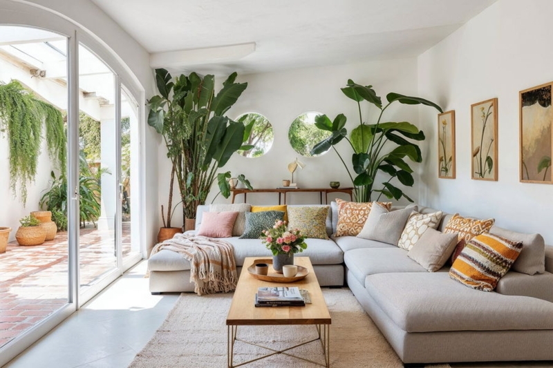 Bright Boho Living Room With Circular Windows