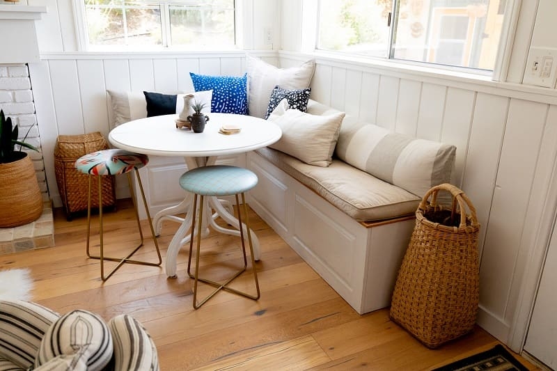 Bright Breakfast Nook with Woven Wicker Baskets