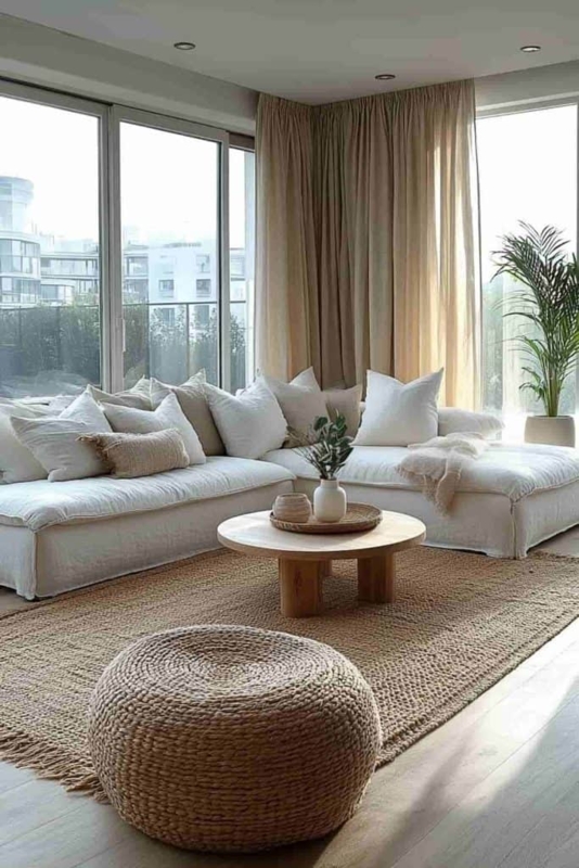 Bright Organic Modern Living Room with Woven Pouf and Natural Jute Rug