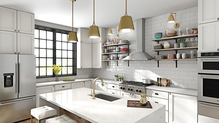 Bright Transitional Kitchen: Brass Pendants and Black Framed Windows
