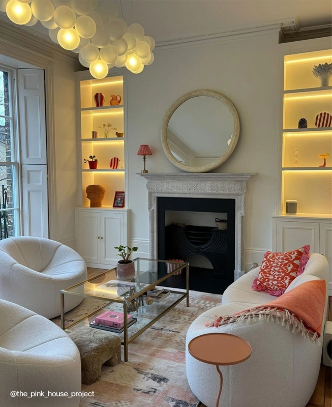 Bubble Chandelier and Backlit Built-in Shelving Ideas