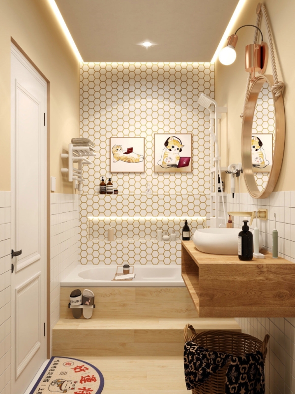 Built-In Bathtub on Wood Platform with Hexagonal Tiles & Illuminated Niche