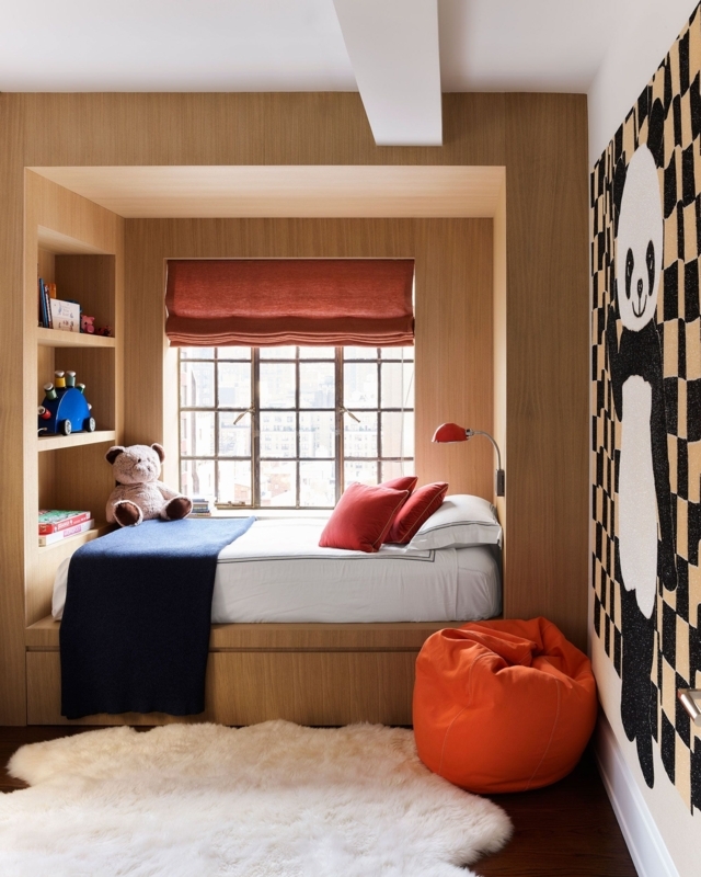 Built-in Bed Niche Ideas with Wood Paneling and Integrated Shelving.