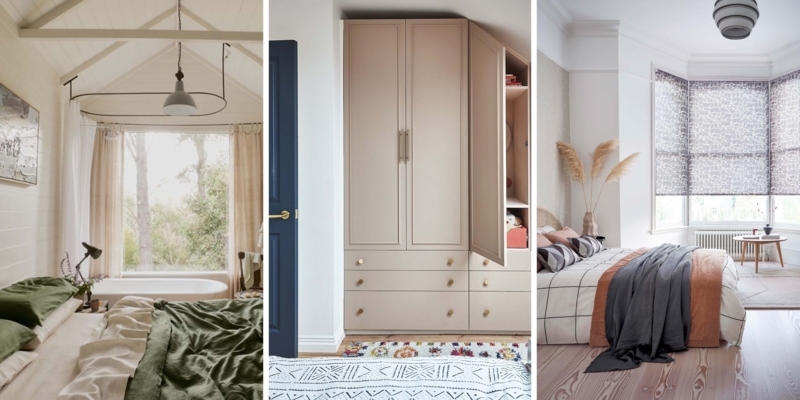 Built-in Bedroom Storage Solutions and Bay Window Blinds Layouts