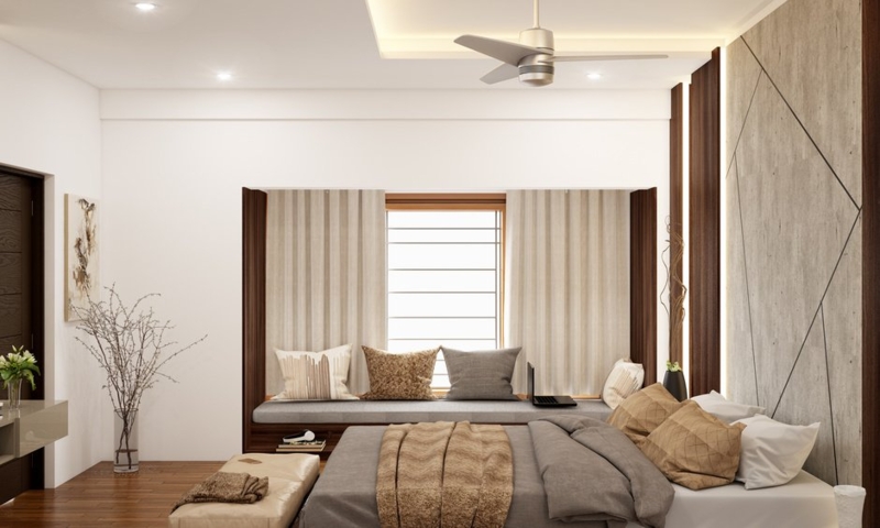 Built-in Bedroom Window Seat and Modern Geometric Wall Panel Lighting