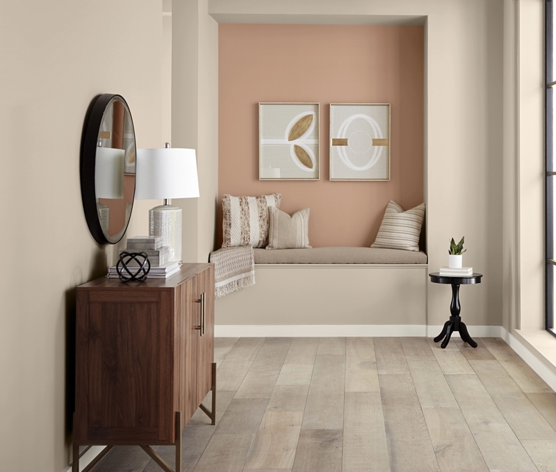 Built-in Bench Nook with Terracotta Accent Wall and Earthy Tones