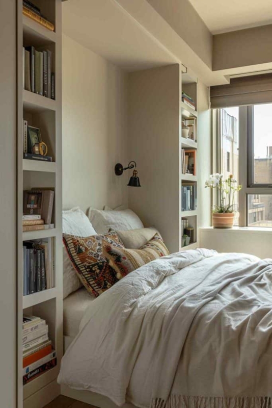 Built-In Bookshelves Framing an Alcove Bed Layout with Sconces