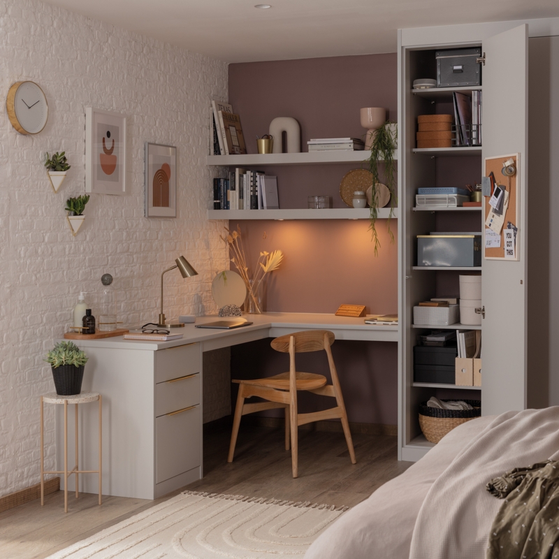 Built-in L-Shaped Desk with Shelving Against Mauve and Brick Walls
