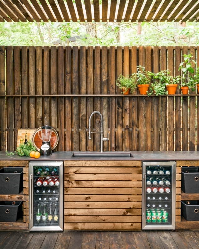 Built-In Outdoor Beverage Center: Dual Fridges & Wood Slat Backsplash
