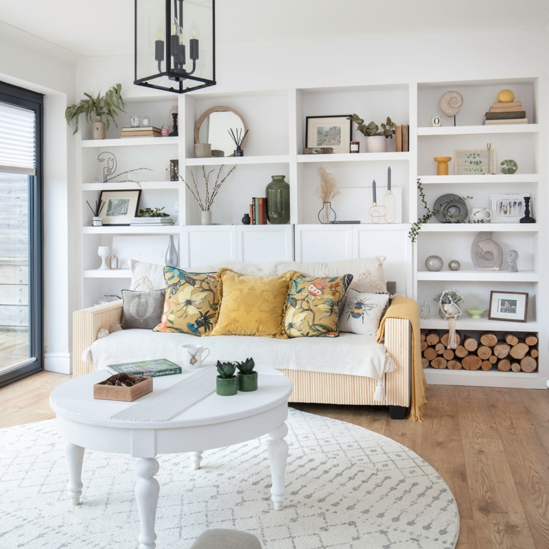 Built-In Shelving Around Sofa with Integrated Firewood Storage Decor