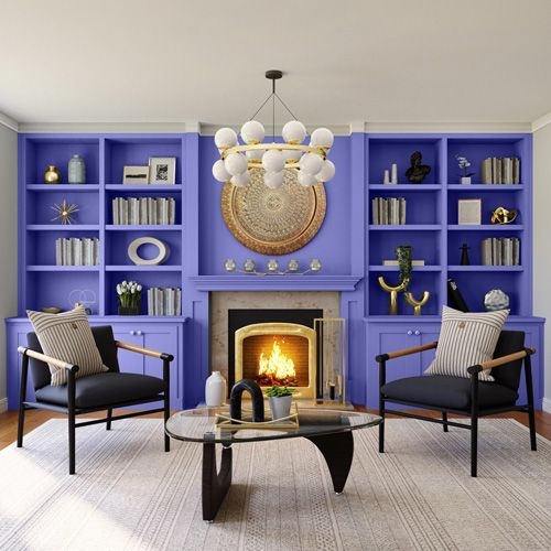 Built-In Shelving Modern Fireplace Periwinkle Blue Accent Wall