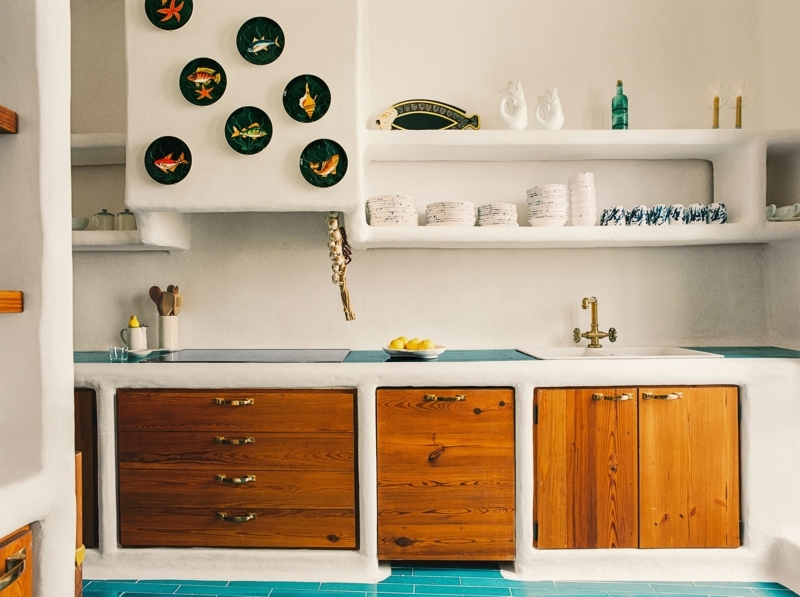 Built-In Shelving Plaster Niches in Mediterranean Kitchen with Blue Tile
