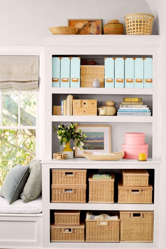 Built-in Shelving with Integrated Window Seat and Baskets