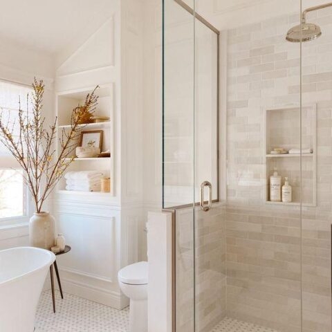 Built-In Shelving with Penny Mosaic Floor & Subway Tile in Transitional Bath