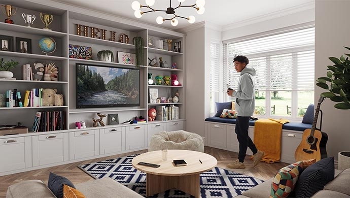 Built-In Storage Wall: Integrated Window Seat & Geometric Rug