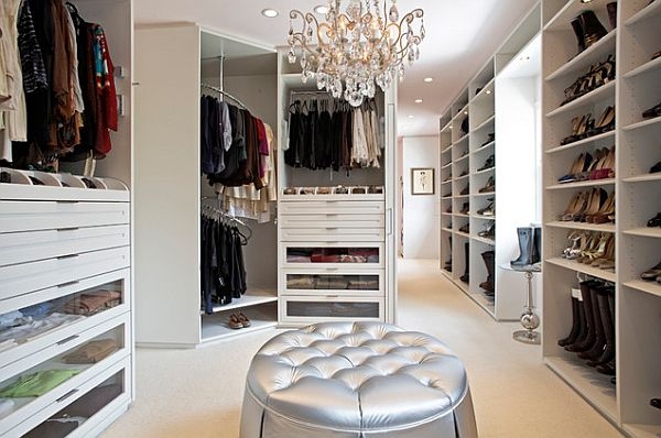 Built In Storage with Glass Drawer Fronts and Silver Metallic Ottoman