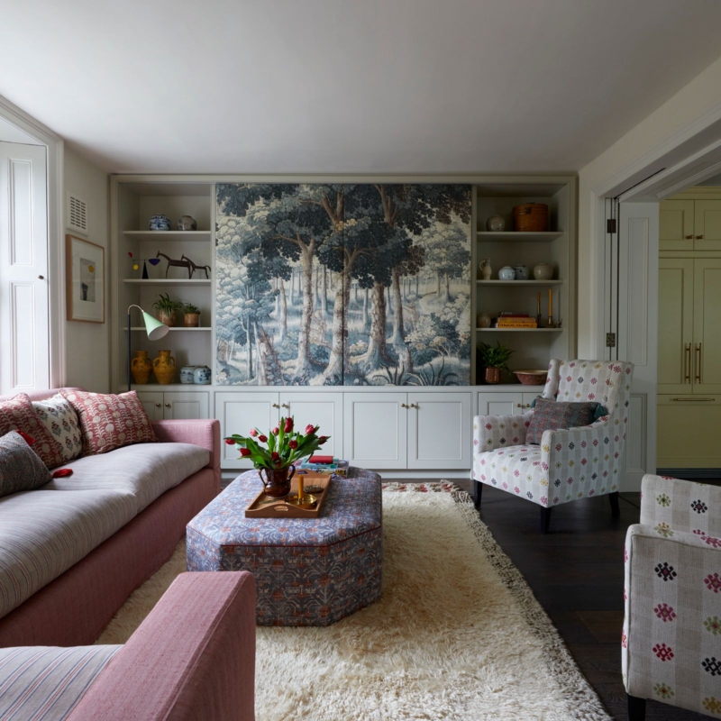 Built-In Storage with Sliding Forest Mural for Eclectic Style