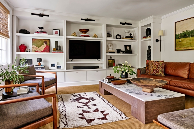 Built-in Wall Unit Styling with Marble Coffee Table & Layered Rugs