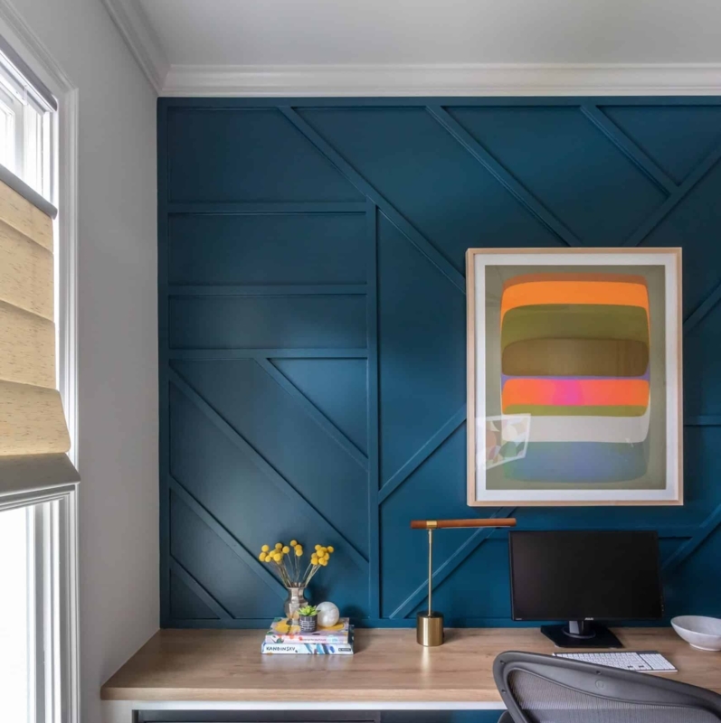Built-in Wood Desk Workspace Setup: Deep Teal Geometric Accent Wall