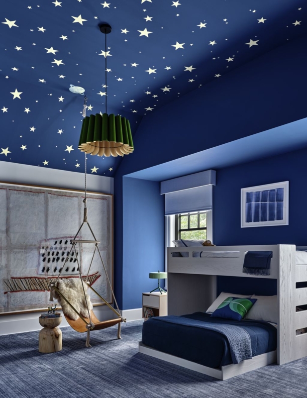 Bunk Bed Room with Starry Night Ceiling and Leather Hanging Chair