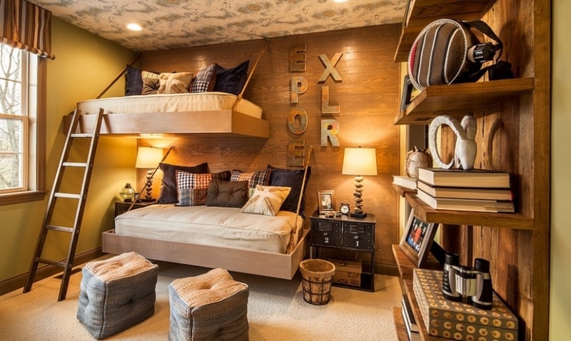 Bunk Bed with Rope Supports and Wood Paneled Accent Wall