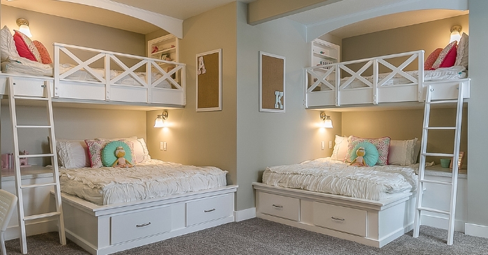 Bunk Beds: Built-In White Frames with X-Brace Millwork and Drawers