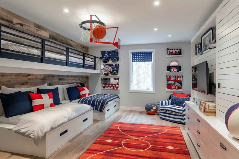 Bunk Beds with Basketball Court Rug and Wood Plank Wall