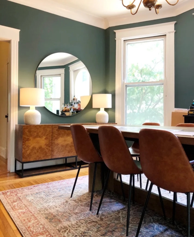 Burl Wood Sideboard Styling in Forest Green Dining Room