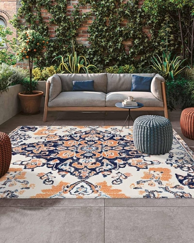 Burnt Orange Outdoor Rug Tribal Geometric Woven Plastic Deck