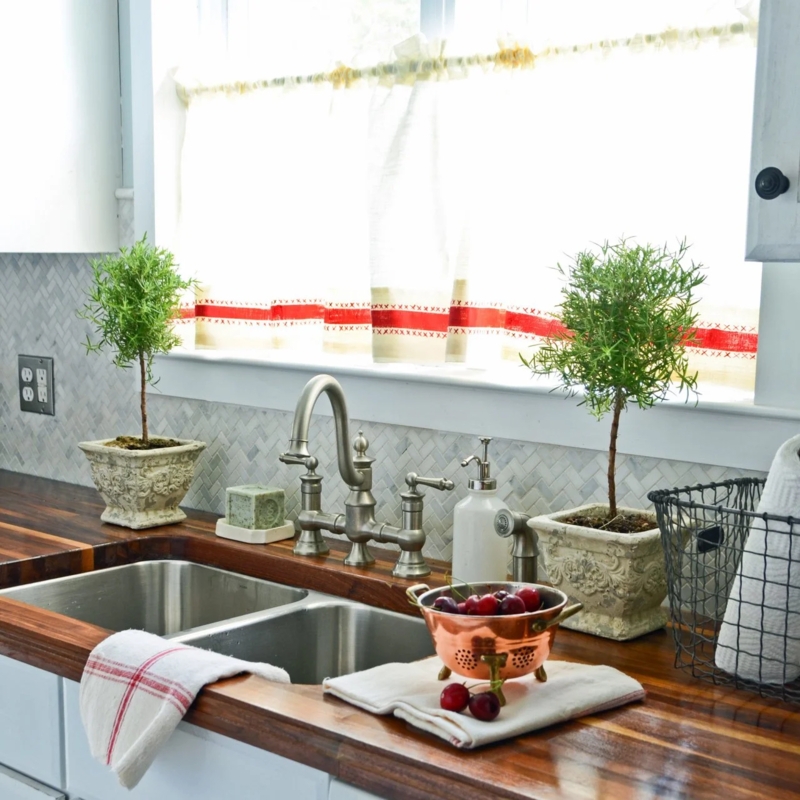 Butcher Block Counter, Red Striped Cafe Curtains, and Bridge Faucet