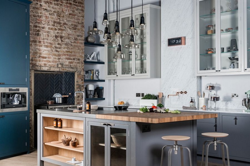 Butcher Block Island Design Ideas: Glass Pendant Cluster