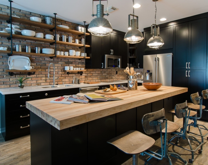 Butcher Block Kitchen Island Design: Exposed Pipe Open Shelving