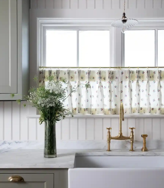 Cafe Curtains: Cottage Kitchen Style with Floral Pinch Pleat & Brass Faucet