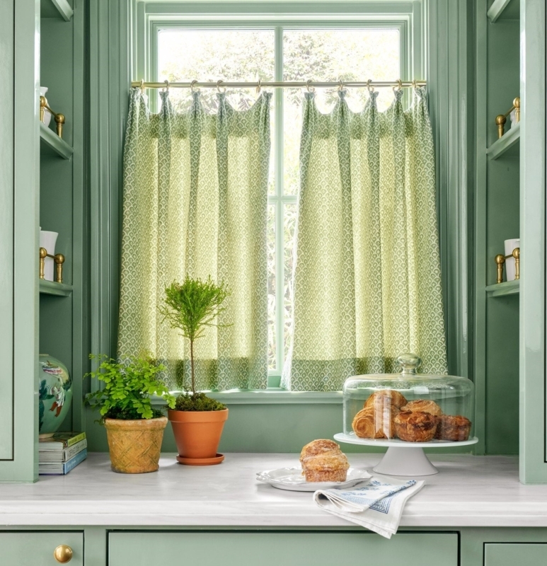 Cafe Curtains: Sage Green Scalloped Pattern with Gold Hardware Accent