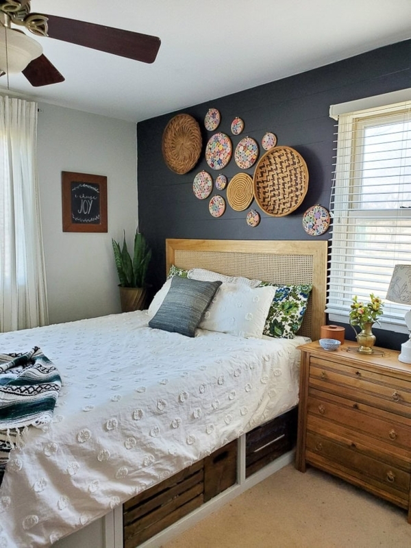 Cane Headboard and Basket Gallery Wall | Shiplap Bedroom Decor