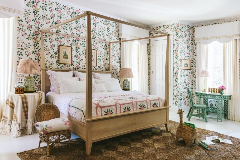Canopy Bed and Green Latticed Furniture in Floral Cottagecore Bedroom
