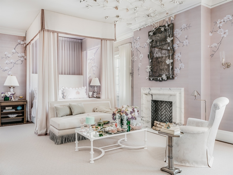 Canopy Bed and Marble Fireplace in Lavender Floral Bedroom Design