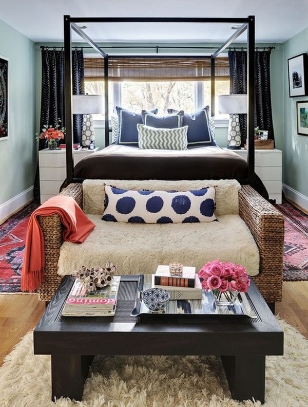 Canopy Bed and Woven Footboard Daybed in Small Master Bedroom