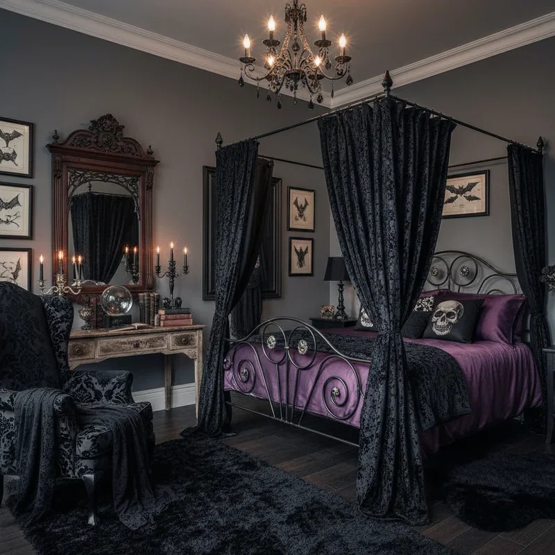 Canopy Bed: Black Velvet Drapes & Scrollwork Dramatic Purple Bedroom Layout