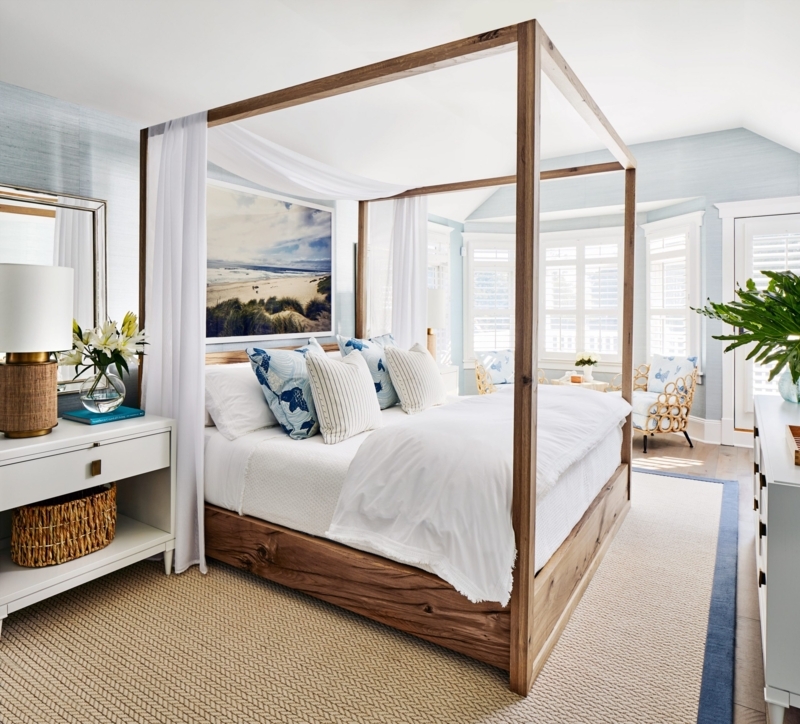 Canopy Bed Coastal Styling with Wood Frame and Grasscloth Wallpaper