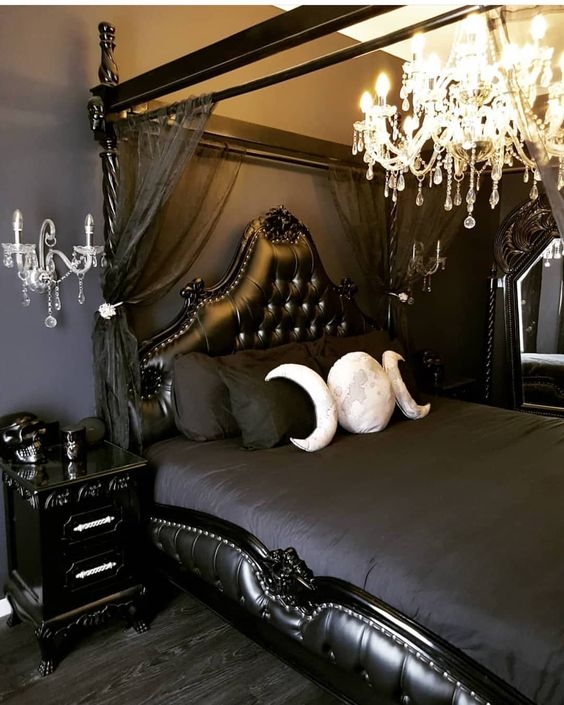 Canopy Bed: Glossy Black Tufted Leather Gothic Glam Bedroom Design